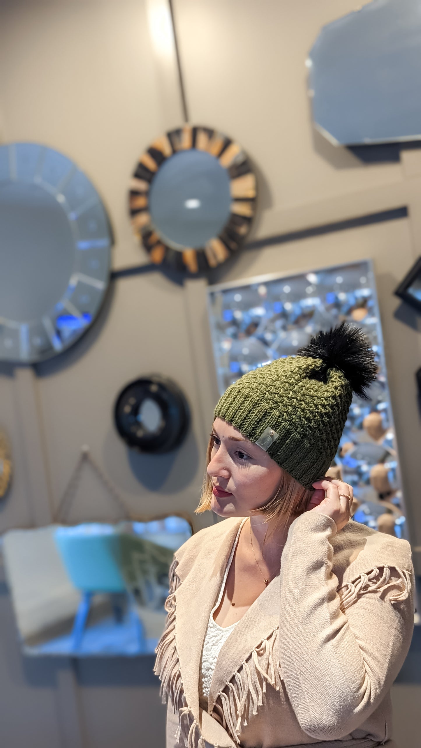 Dark Olive | Merino Wool Knit Hat | Removable Pom Pom
